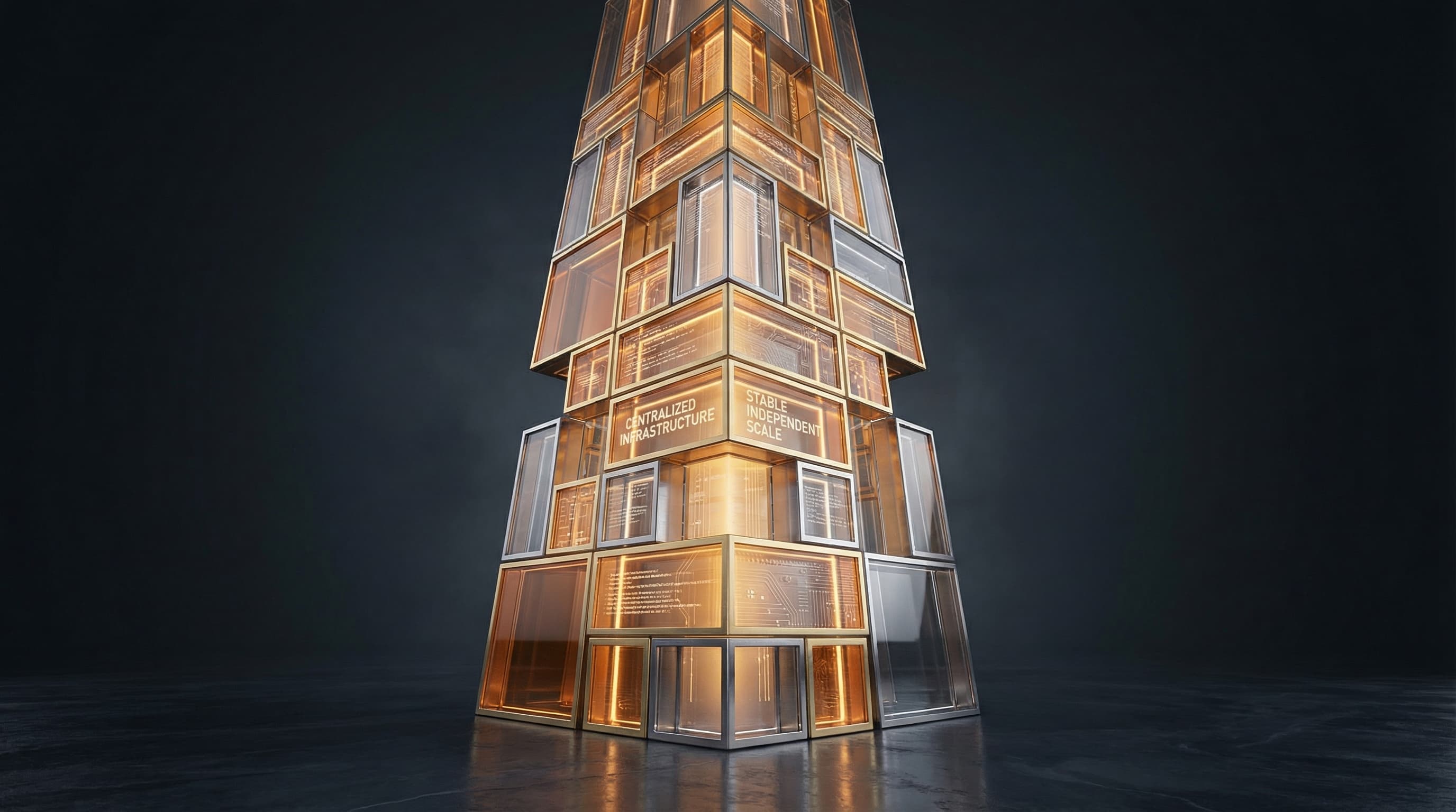 A premium, sophisticated abstract 3D composition showing separate building blocks seamlessly combining to form a perfectly stabilized structure.