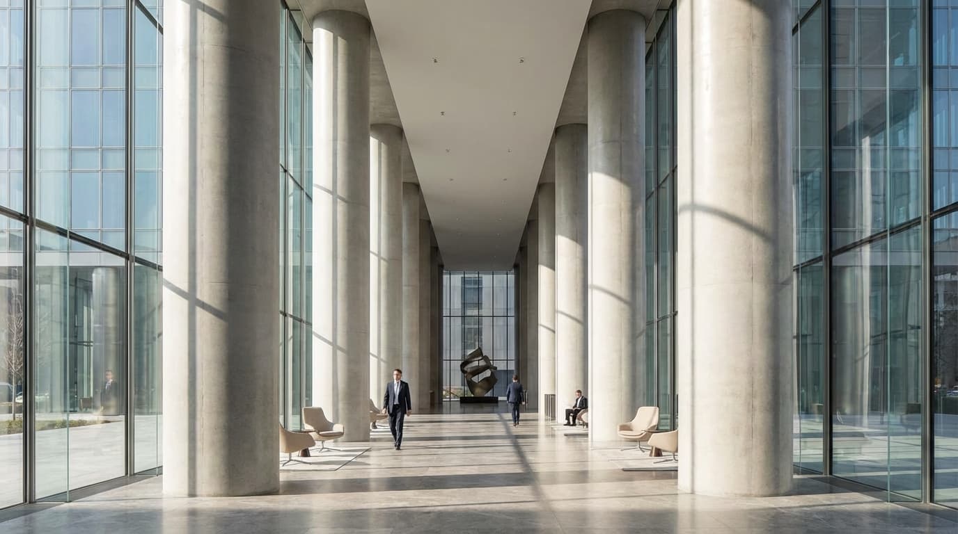 Modern high-pillar office building atrium, representing GDV Holdings' institutional scale and architectural ambition