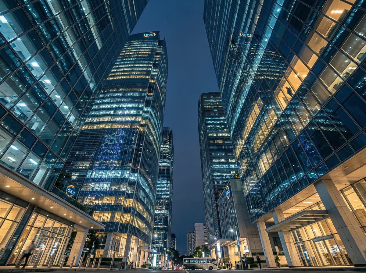 Glass curtain wall of a modern commercial building in Bonifacio Global City, Manila — representing GDV Holdings' institutional infrastructure