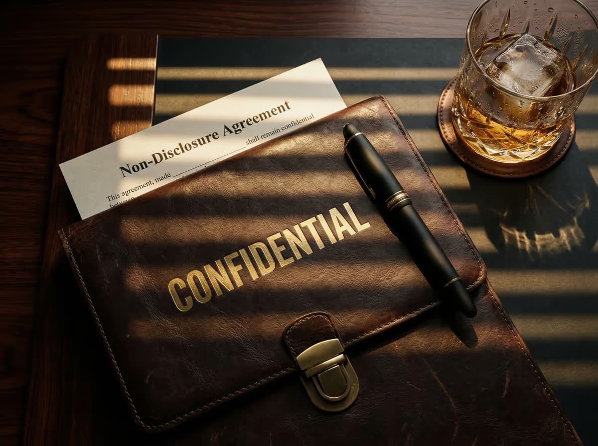 Confidential NDA document with fountain pen — representing GDV Holdings' structured data room access process