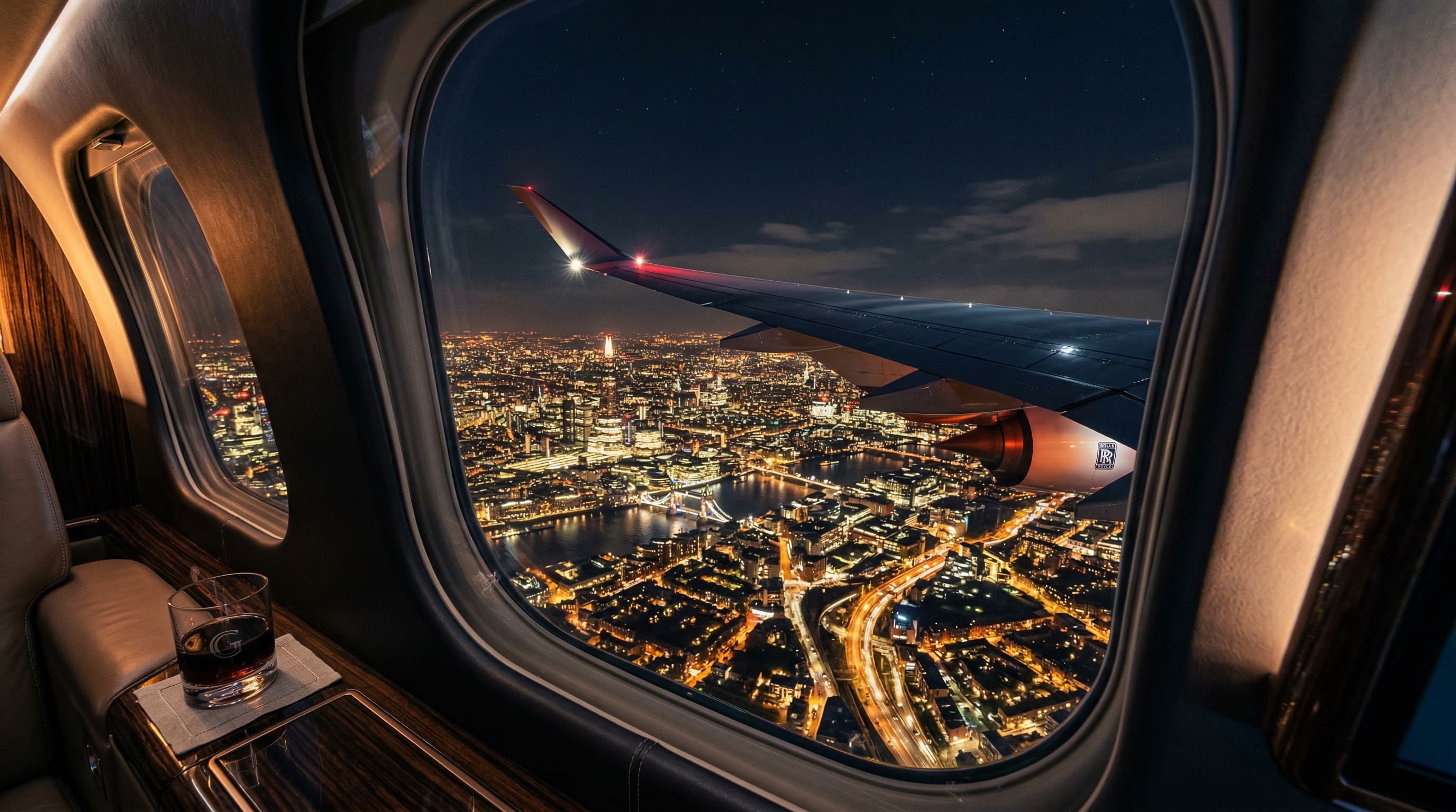 Private jet interior at night against a star-filled sky, representing GDV Holdings' global reach and executive-level engagement