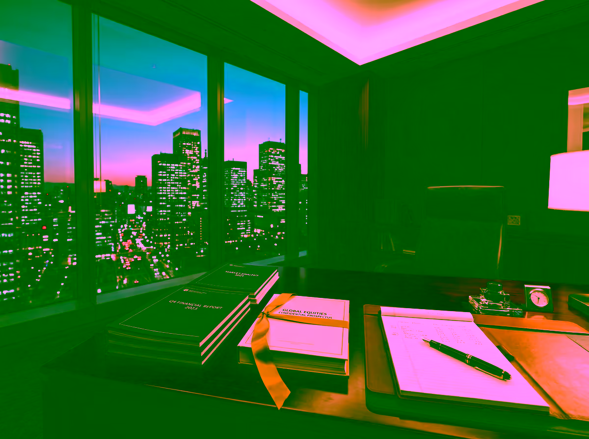 Executive desk with neatly organized bound financial reports and a fountain pen — conveying the institutional discipline and structured disclosure of GDV Holdings' confidential data room