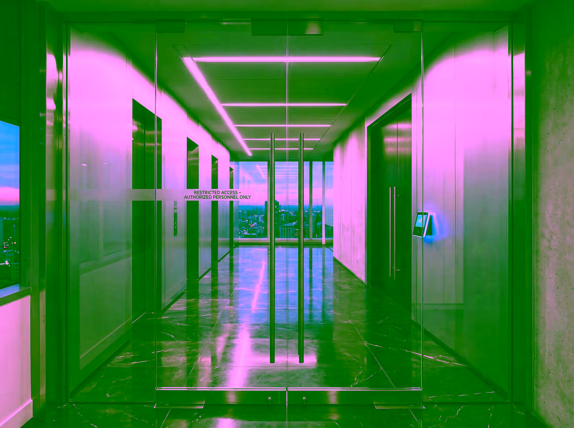 Glass security doors leading into a private institutional boardroom corridor — conveying gated access and the controlled qualification process for GDV Holdings data room