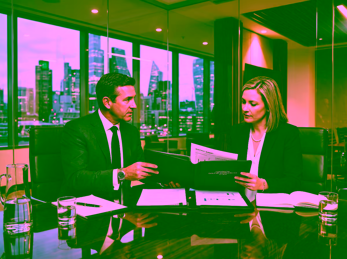 Two executives reviewing an institutional document portfolio across a conference table — conveying the formal investor qualification process for GDV Holdings data room access