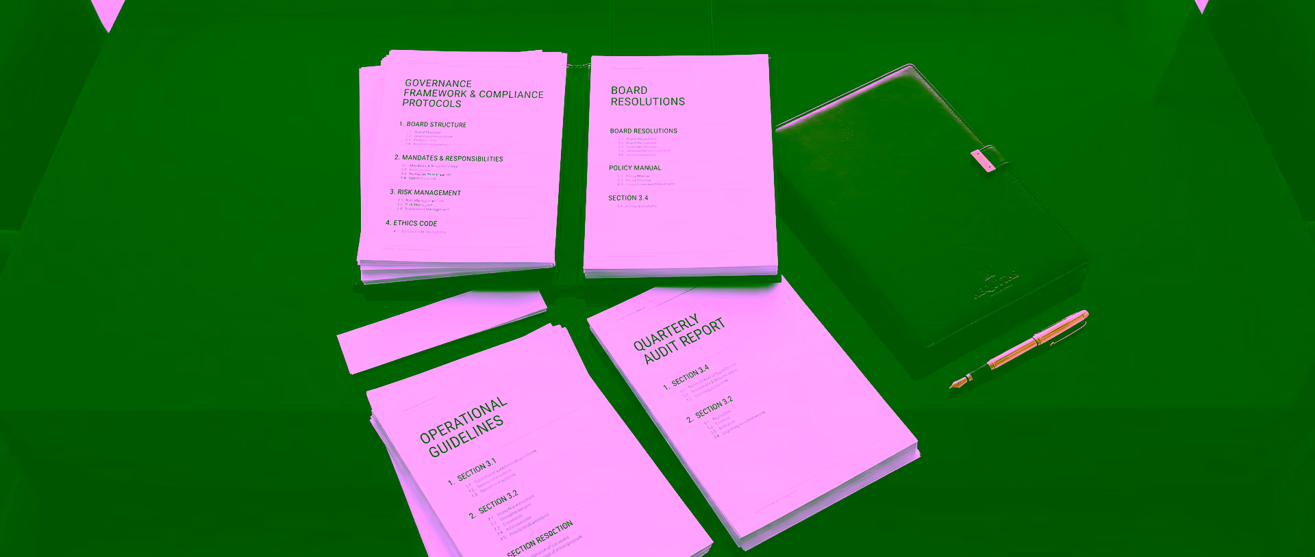 Conference table with portfolio folder and governance documents, representing GDV Holdings' structured compliance framework and institutional discipline