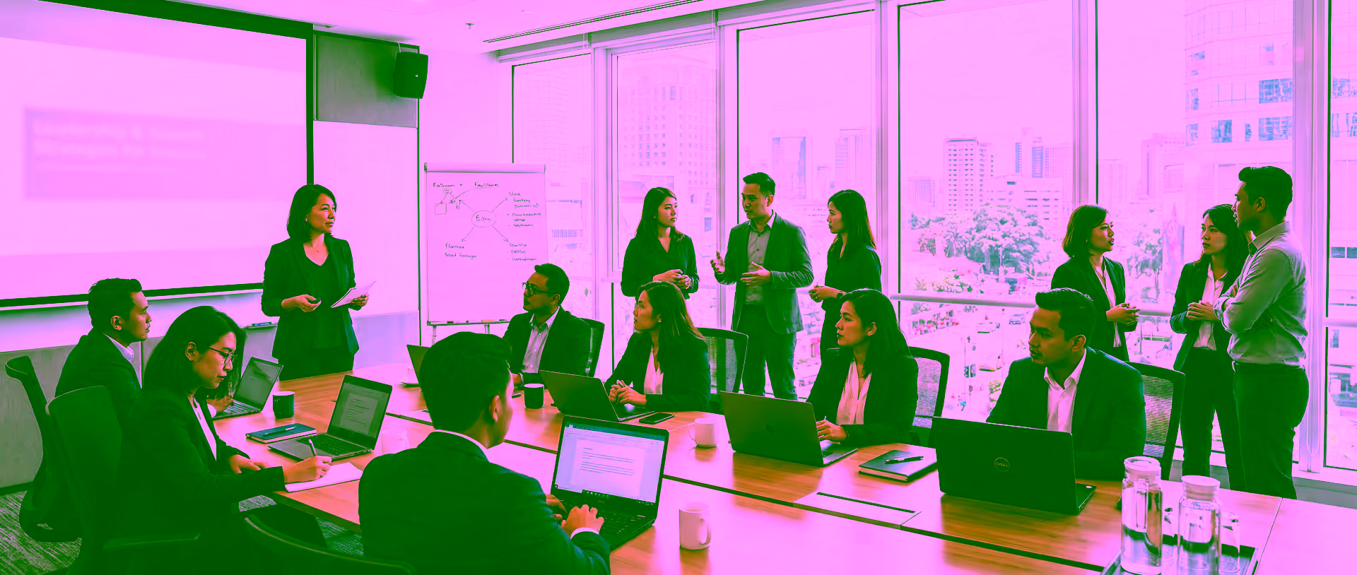Asian professionals in a modern conference room engaged in a collaborative meeting, representing GDV Holdings' workforce development and ethical labor practices