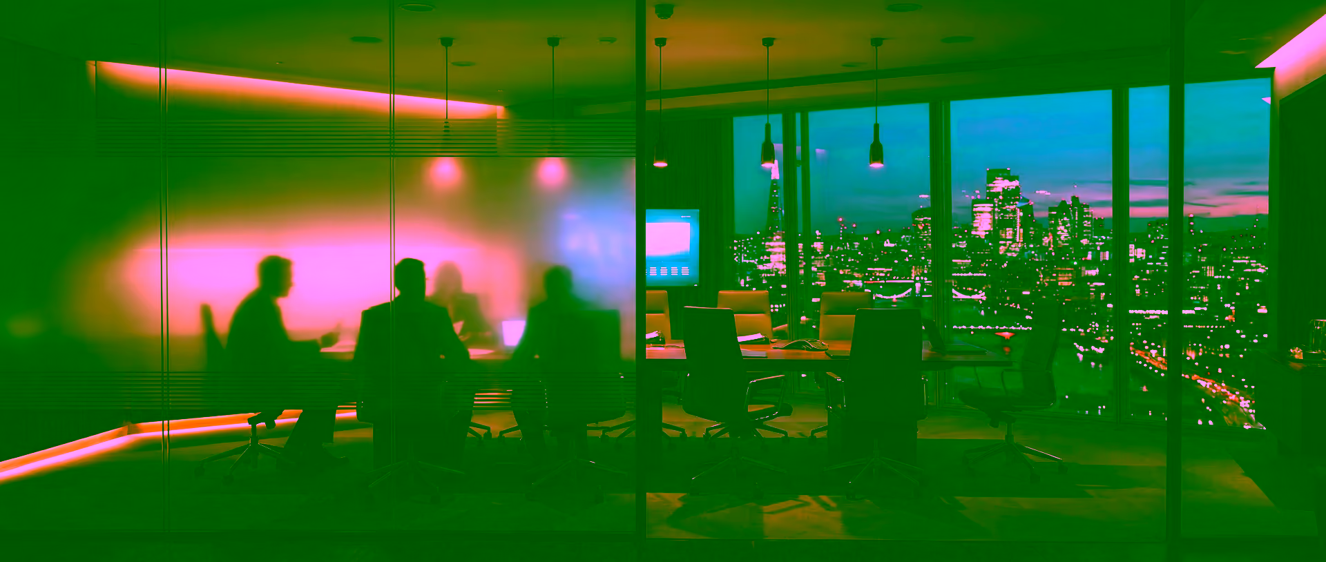 Executive silhouettes in a glass-walled boardroom at dusk, representing GDV Holdings' governance-aligned strategic decision-making and disciplined capital deployment