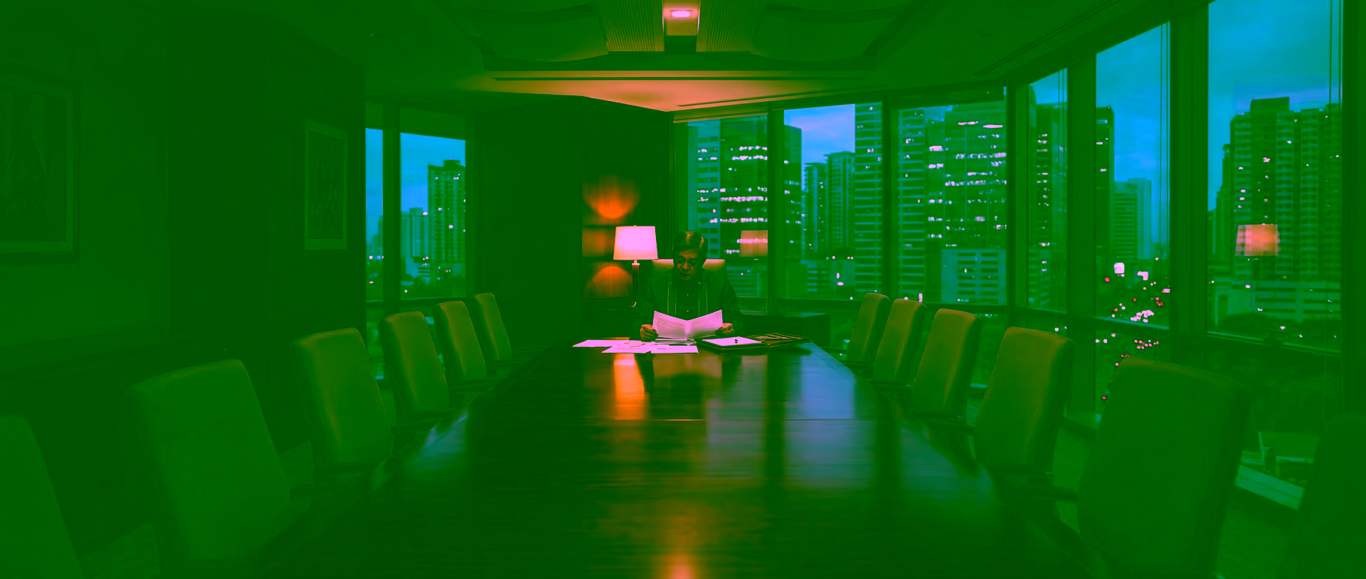 Senior executive at the head of a formal Philippine corporate boardroom table reviewing governance documents, Bonifacio Global City towers visible through tall windows at dusk