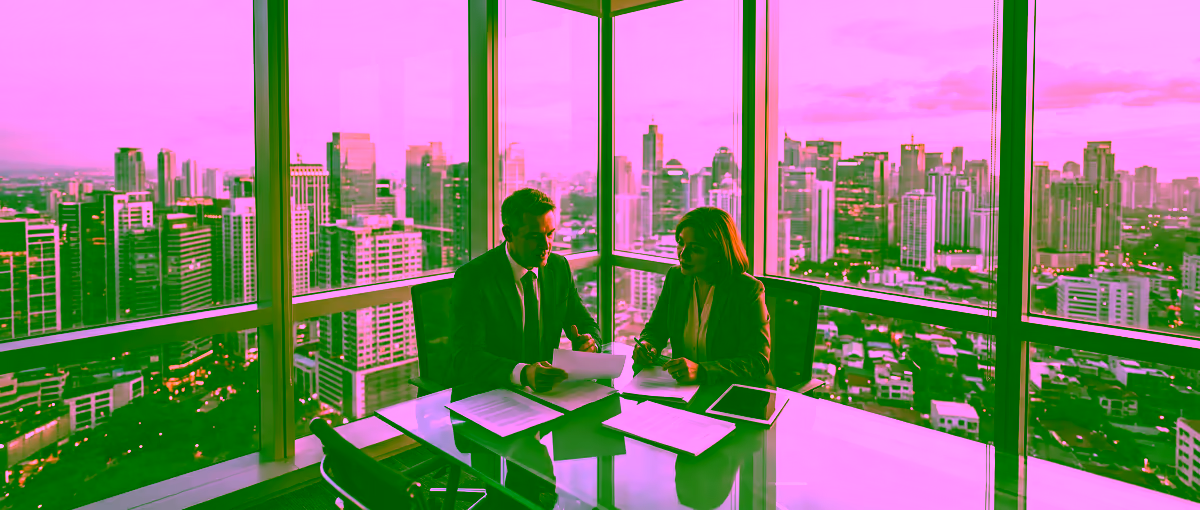 Professionals in formal attire at a meeting table with a panoramic view of the Makati skyline through floor-to-ceiling windows, conveying Philippine institutional trust and governance credibility