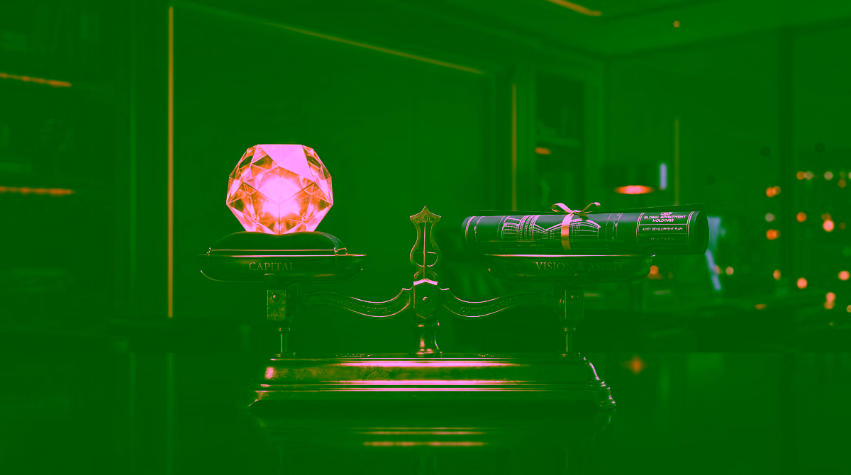 An antique brass balance scale on an obsidian surface, representing GDV Holdings' disciplined and balanced approach to capital deployment