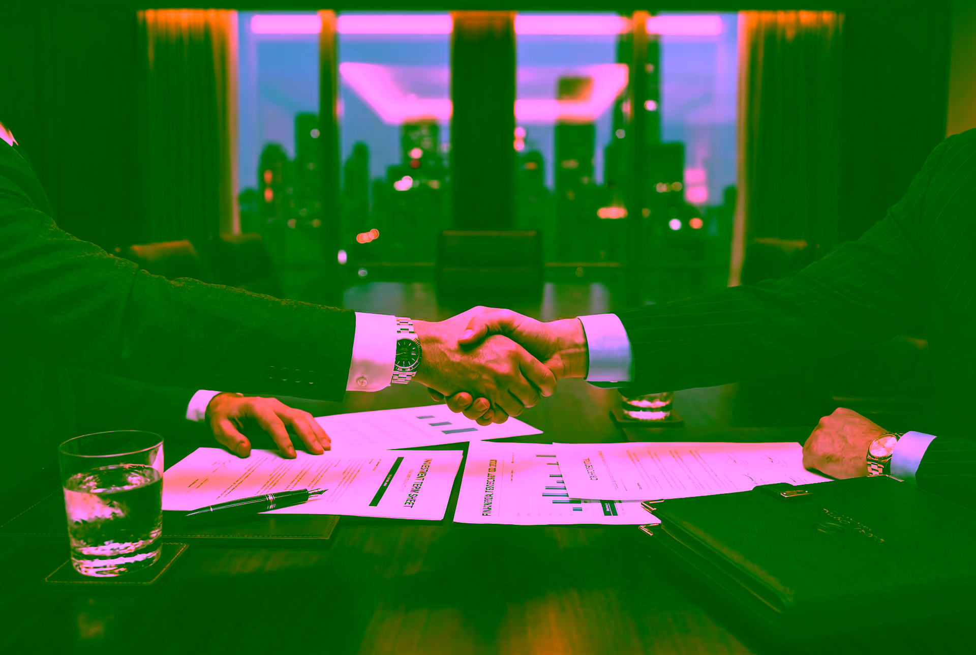 Executive handshake over a luxury boardroom table representing GDV Holdings' capital partnership discussions