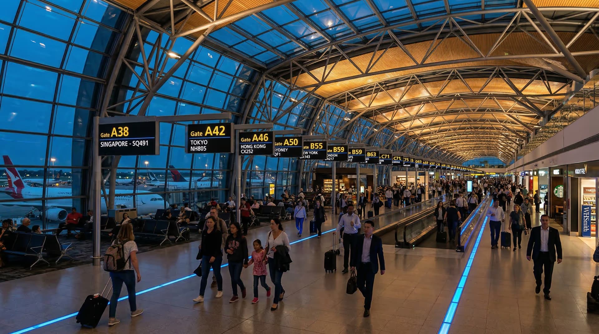 Premium international airport terminal concourse — conveying GDV Holdings' global reach across six international markets
