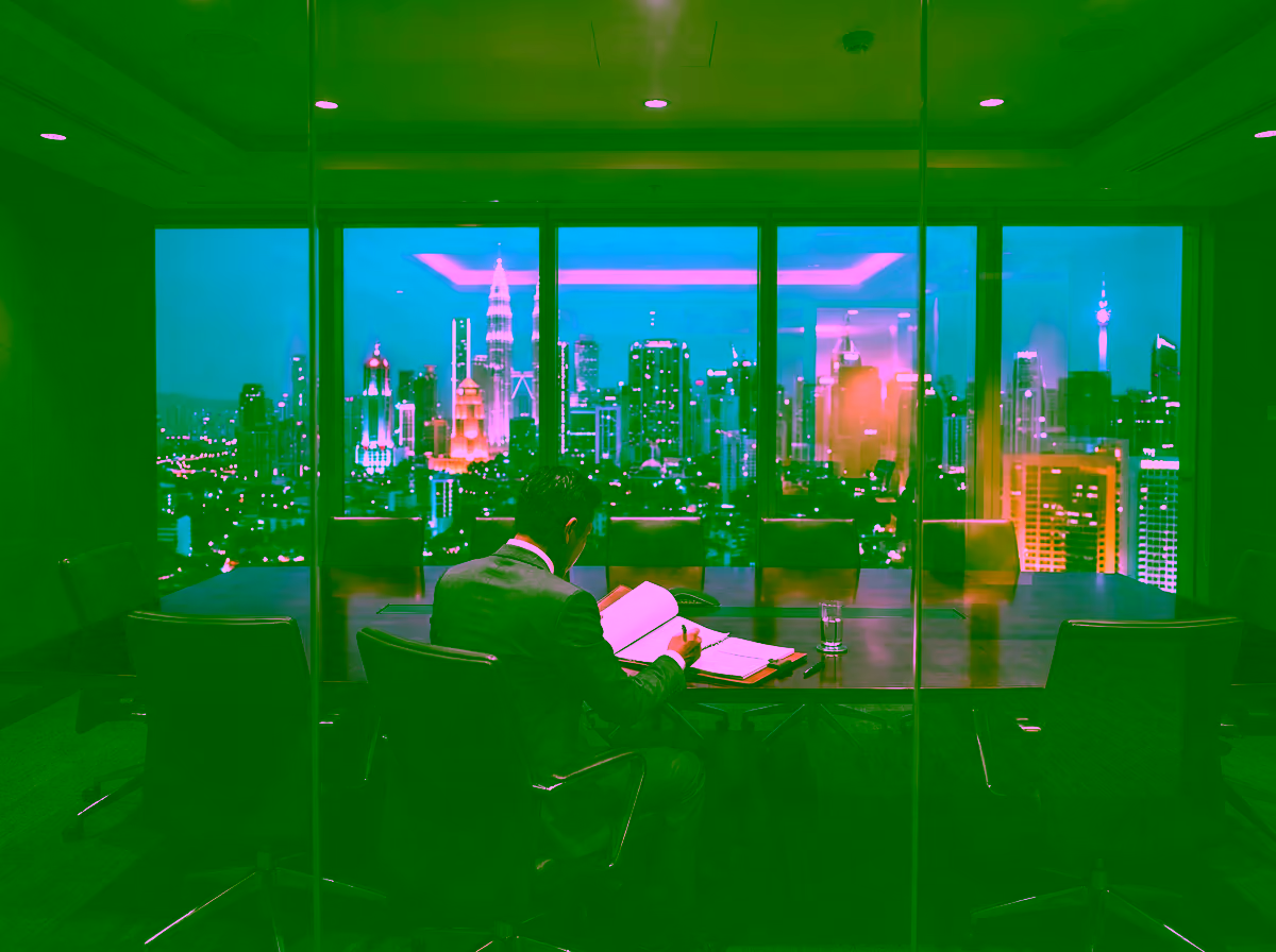 GDV Holdings investor relations philosophy — executive reviewing documents in a glass-walled boardroom overlooking a Southeast Asian financial district