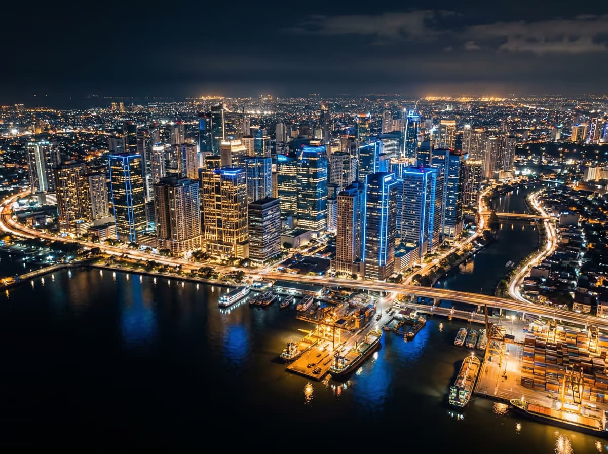 Aerial view of Manila's financial district skyline at night, representing GDV Holdings' global reach and capital market presence