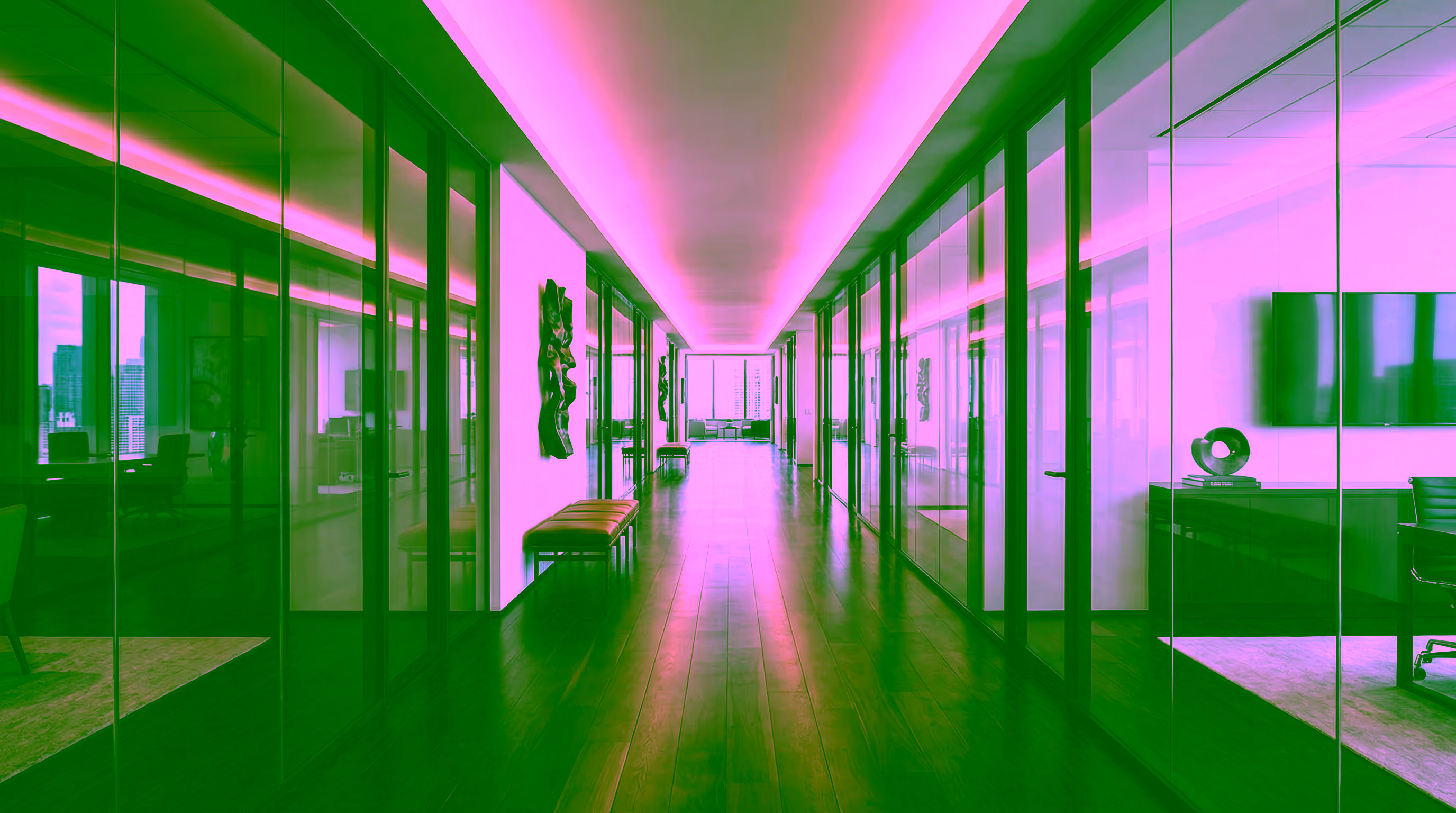 Executive office hallway representing GDV Holdings' founder-led leadership structure and institutional board governance