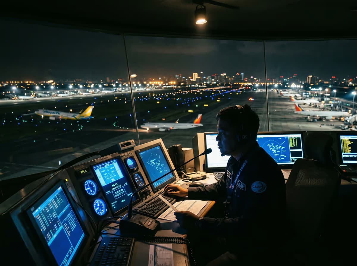 Air traffic control tower in the Philippines at night illuminated by blue instrument lighting, representing GDV Holdings' watchful institutional oversight and systematic risk monitoring across its portfolio companies